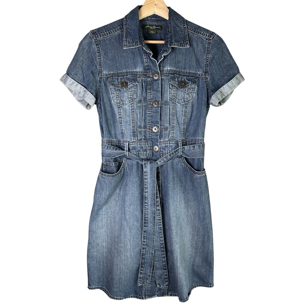 Eddie Bauer Women's Blue Denim Dress Button‎ Front Belted Pockets Casual size 6